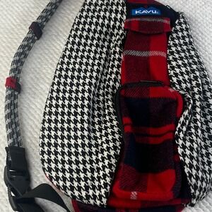 KAVU Rope Bag Sling Backpack Houndstooth Red Plaid Fleece Mixed Pattern Bag